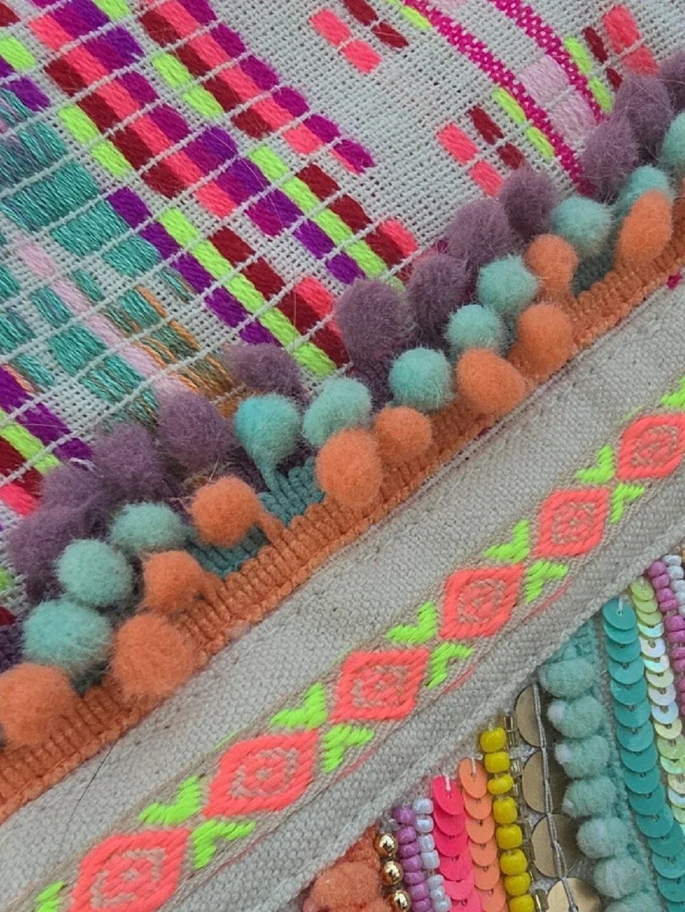 Bohemian Multicolor Embroidered Throw Bag with Pom Trim